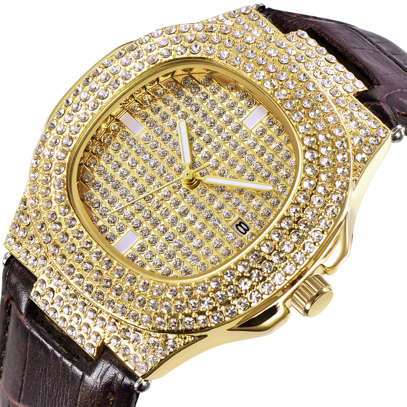 Męskie zegarki luksusowe Iced Out zegarki diamentowe moda skórzany pasek zegarki kwarcowe męskie zegar Relogio Masculino Drop Shipping