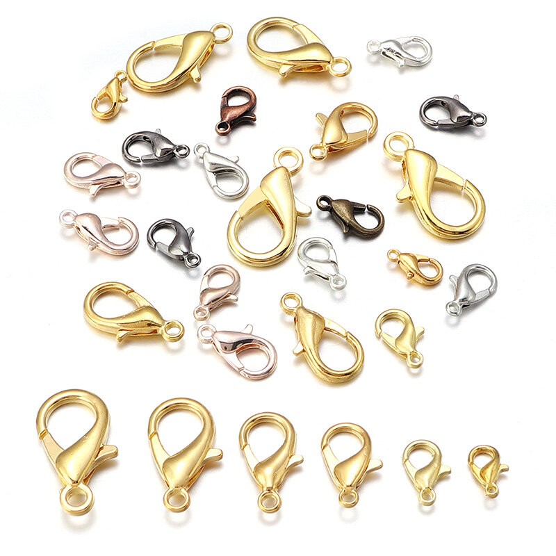 Ganchos de cierre de langosta para fabricación de pulseras y collares, aleación de Zinc chapada en 7 tamaños, accesorios de cierre de cadena DIY, 30-50 piezas