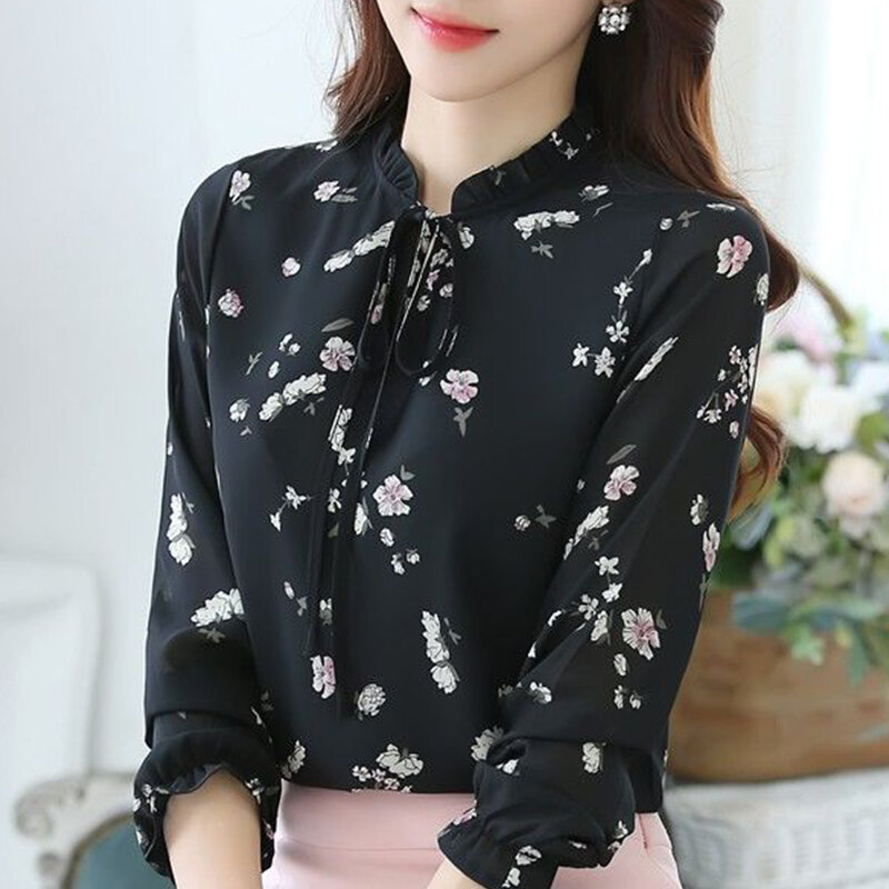 Wiosenny i jesienny nowy kwiatowy elegancki fason szyfonowa koszula damska z długimi rękawami luźna wygodna bluzka kobieca estetyczna szykowna odzież damska