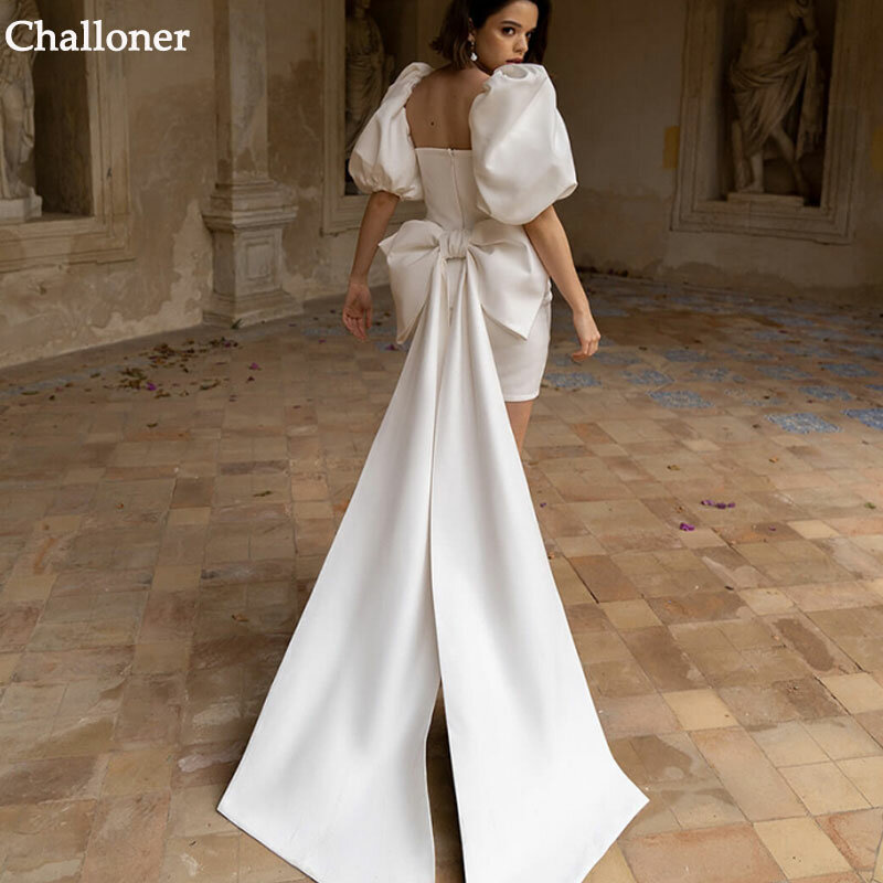 Challoner Simple Short Sweetheart Wedding Dress With Bow Half Puff Sleeves Zipper Back Sheath Bridal Gown Vestidos De Novia New