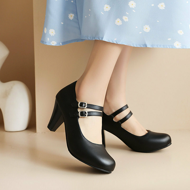 New Women's Shoes High Heel Buckle Strap Thick Heel Shoes Mary Jane Round Head High Heel Shallow Mouth Women's Shoes 34-46