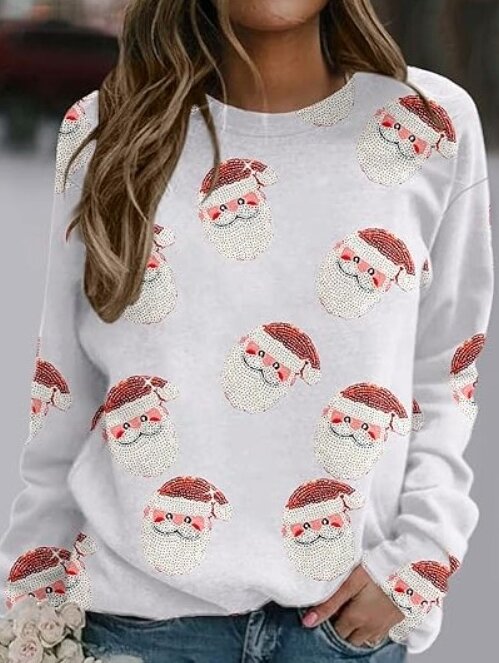 Sweater Wanita Fashion baru musim gugur dan musim dingin 2023 Sweater lengan panjang leher bulat kasual cetak Santa Claus serbaguna