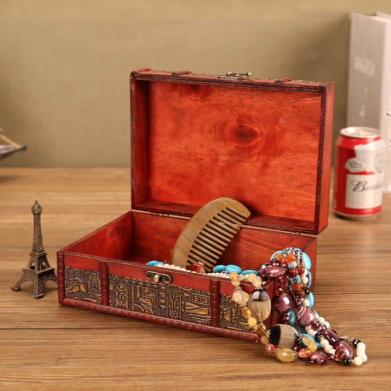 Retro Kotak Penyimpanan Desktop Perhiasan Kosmetik Finishing dengan Kunci Kotak Kayu Alat Peraga Fotografi Kotak Penyimpanan Kayu