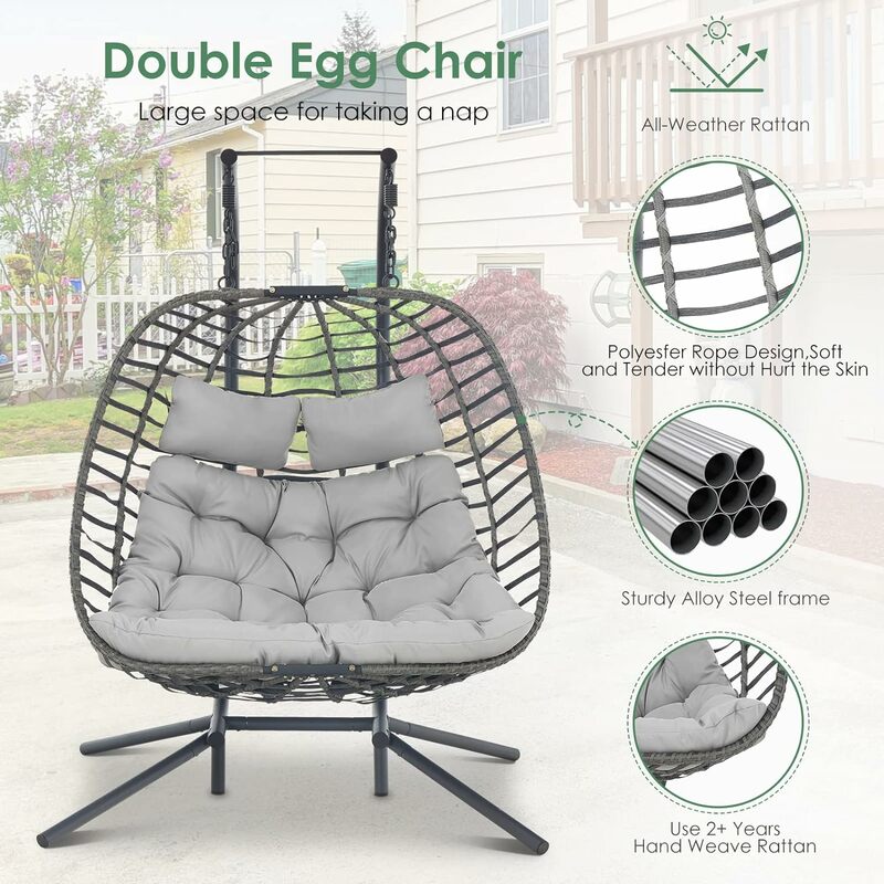 Двухместный подвесной стул для яиц с подставкой для улицы, плетеные двойные качели из ротанга ручной работы для патио, гамак, кресло