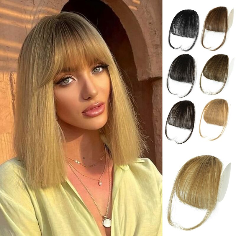 Clip in Bangs 100% Human Hair Wispy Bangs Clip in Hair Extensions Brown Black Air Bangs Fringe with Temples Hairpieces for Women