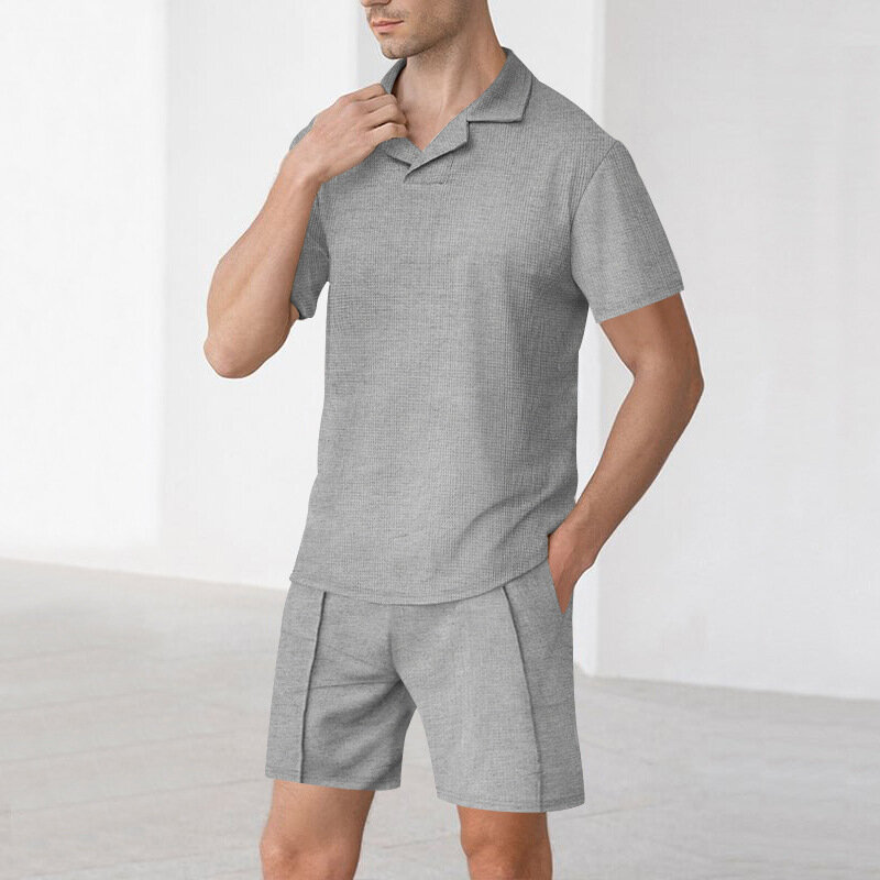 Conjuntos de camisa polo e shorts de lapela masculino, roupas casuais de streetwear, roupas de lazer soltas, 2 pcs, verão