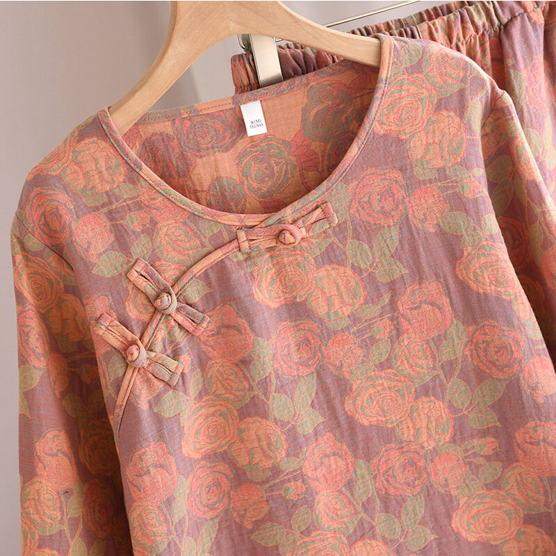 Conjunto de pijama de algodón para mujer, ropa de dormir de manga larga con estampado Floral, traje de camisón para el hogar, novedad de otoño, 2024