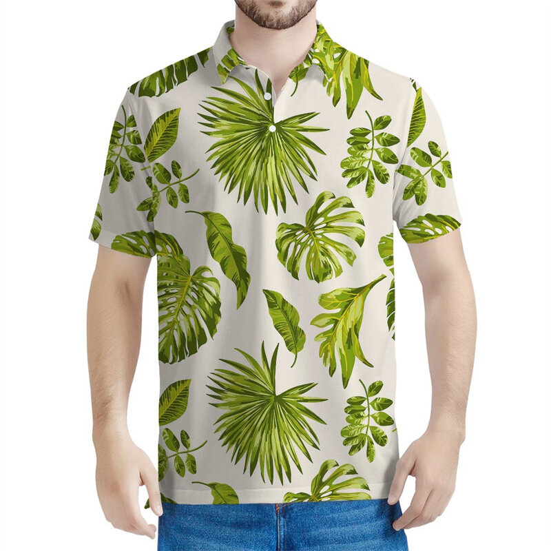 Футболка-поло мужская с 3D-принтом, цветная с тропическим принтом листьев, топ оверсайз, Повседневная рубашка на пуговицах, с коротким рукавом, на лето