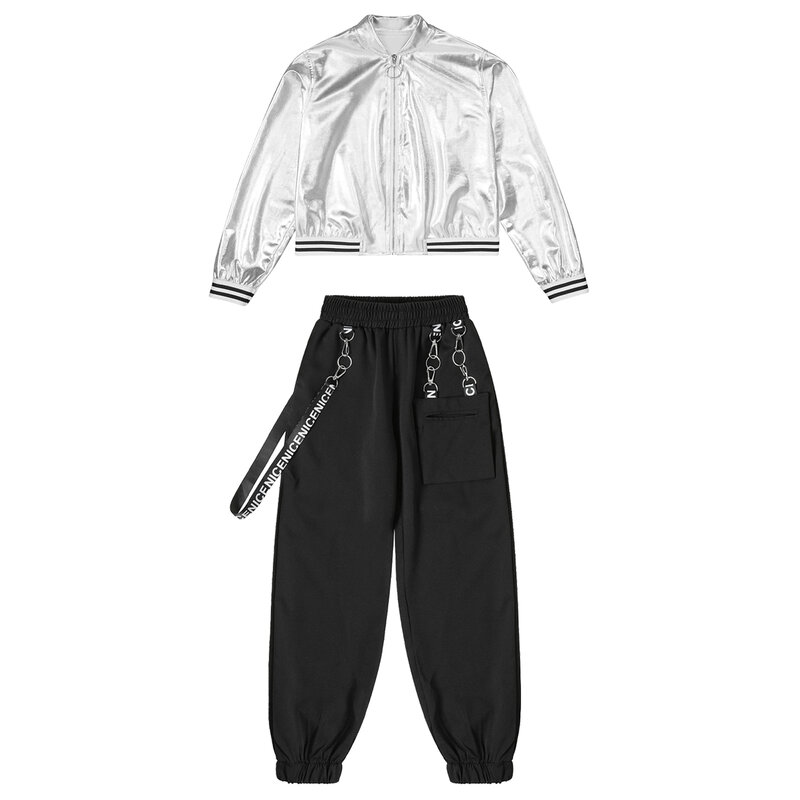 Dzieci Hip Hop Jazz Dancewear metaliczny kurtka z długim rękawem z cekinami + spodnie dresowe strój dla taniec uliczny kostium sceniczny