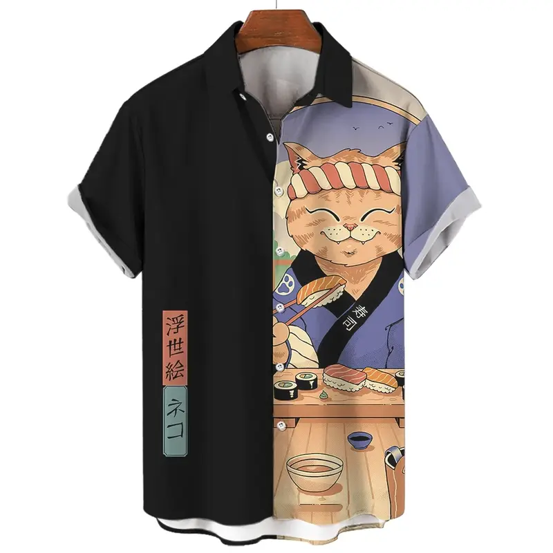 Fashion Men's Shirt Cool Samurai Cat Tops Summer New Men's Clothing Casual Short-Sleeved Buttons Loose Blouse Hawaiian Shirts