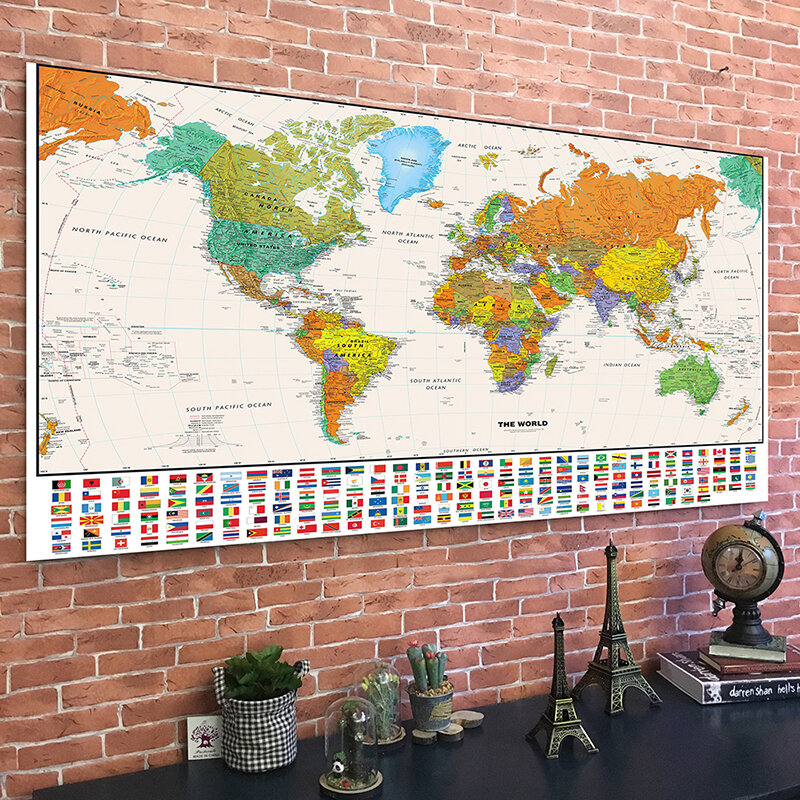 Peta dunia dengan bendera nasional 150x100cm lukisan dinding seni Poster non-tenun kain perlengkapan pendidikan anak Dekorasi