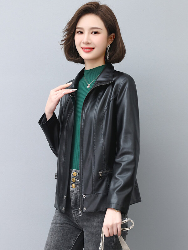 New Women Leather Jacket Autumn Winter Casual Fashion Stand Collar Long Sleeve Slim Short Sheep Leather Coat Spring Outerwear