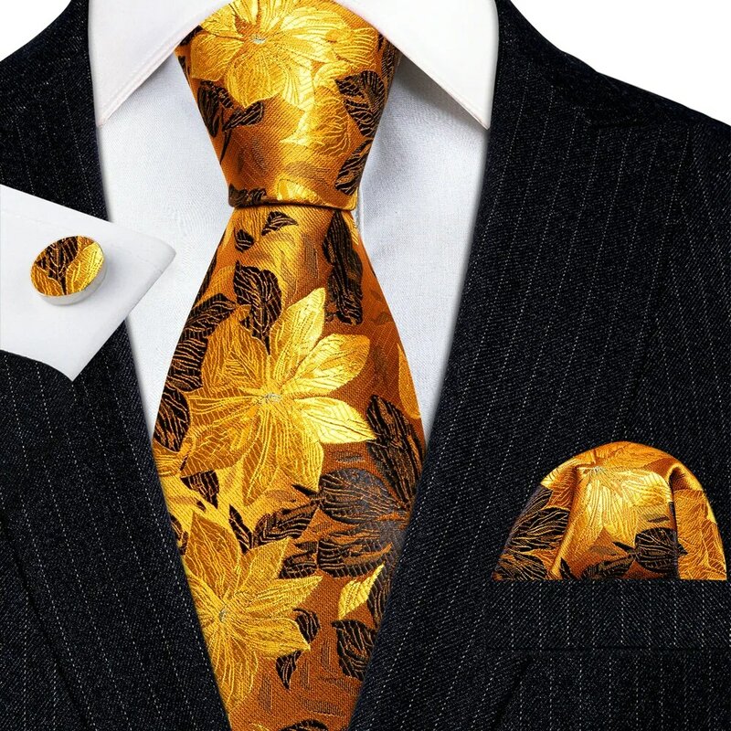 Elegante Herren Krawatten Gold Blätter Blumen Seide Krawatte Tasche quadratische Manschetten knöpfe Set Hochzeits geschenk versand kostenfrei Barry · wang 5966