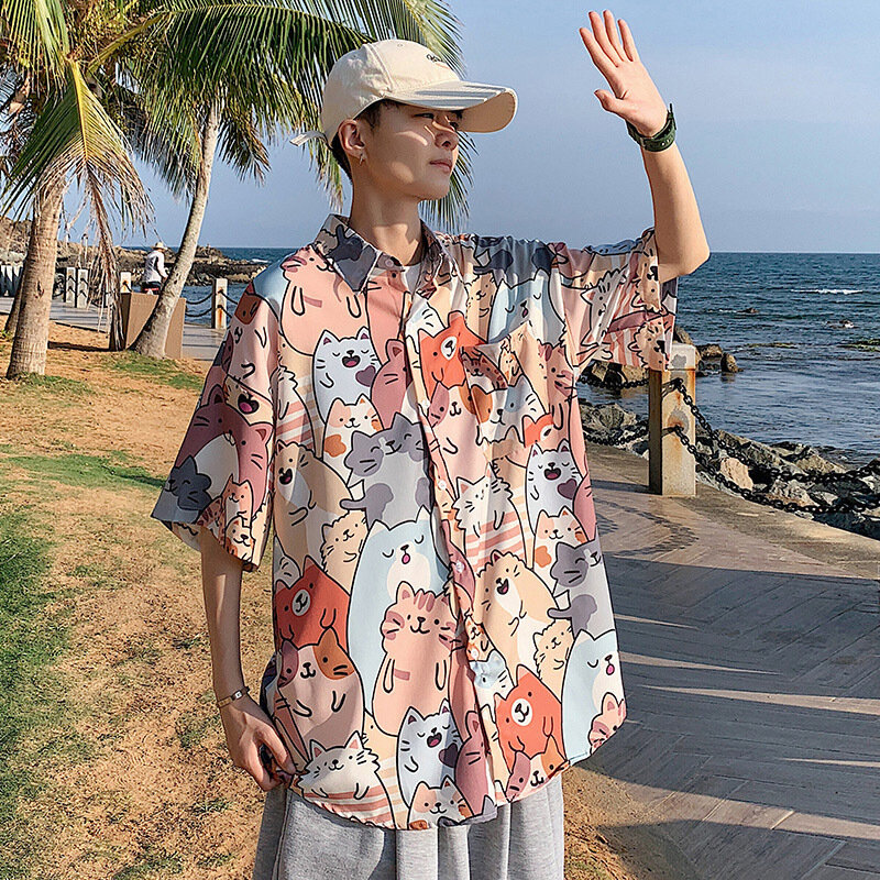 Sommer Herren dünne Kurzarm Blumen hemd übergroße lose Mode lässig vielseitig Hawaii Strand gedruckt Hemd Mantel