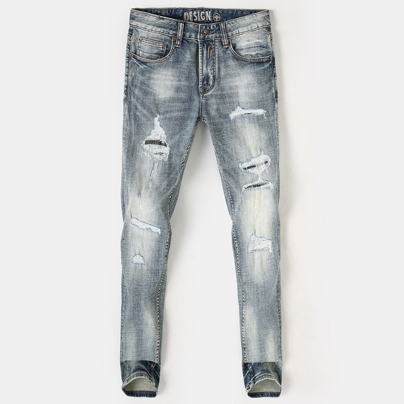 Modne jeansy męskie w stylu Vintage wysokiej jakości niebieskie w stylu Retro elastyczne z dziurami jeansy męskie patchworkowe spodnie dżinsowe Hombre