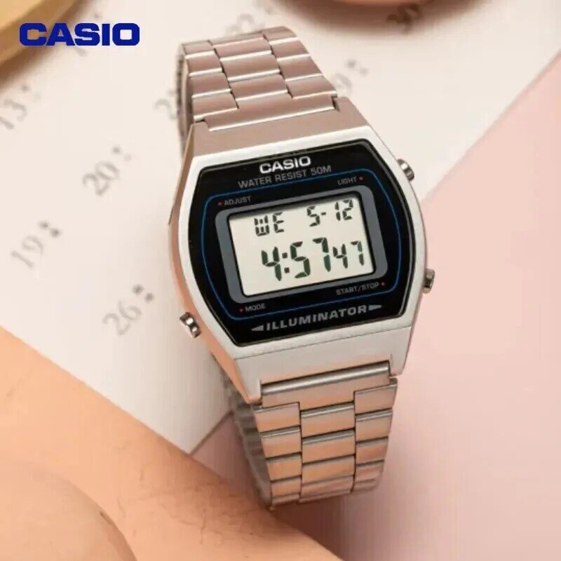 Casio jam tangan Digital Retro pria, arloji bisnis emas perak kecil seri, jam tangan persegi kecil multifungsi tanggal Stopwatch