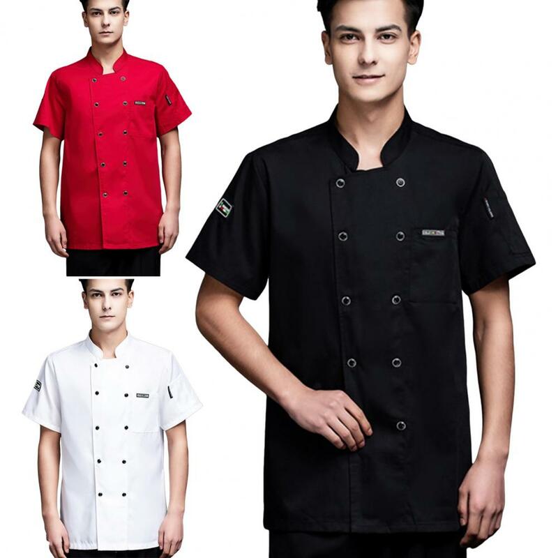 Unisex manga curta Chef camisa, cozinha Top, uniforme de cozinheiro, gola, bolso macio no peito, resistente a manchas, solto