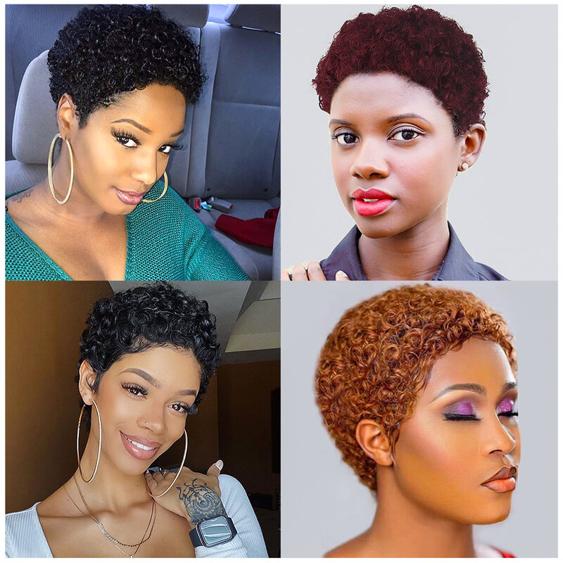 Peluca rizada Afro para mujer, pelo 100% humano, corte Pixie, esponjoso, Color rubio, vino tinto, 1B