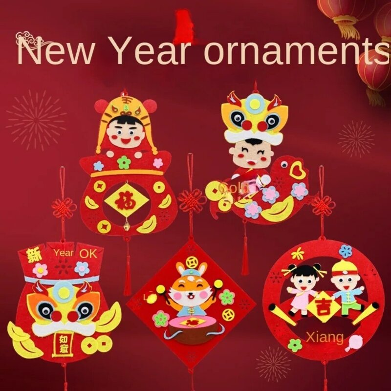 Desenhos animados estilo chinês decoração pingente, DIY brinquedo layout adereços, ano novo, artesanato educativo com corda pendurada