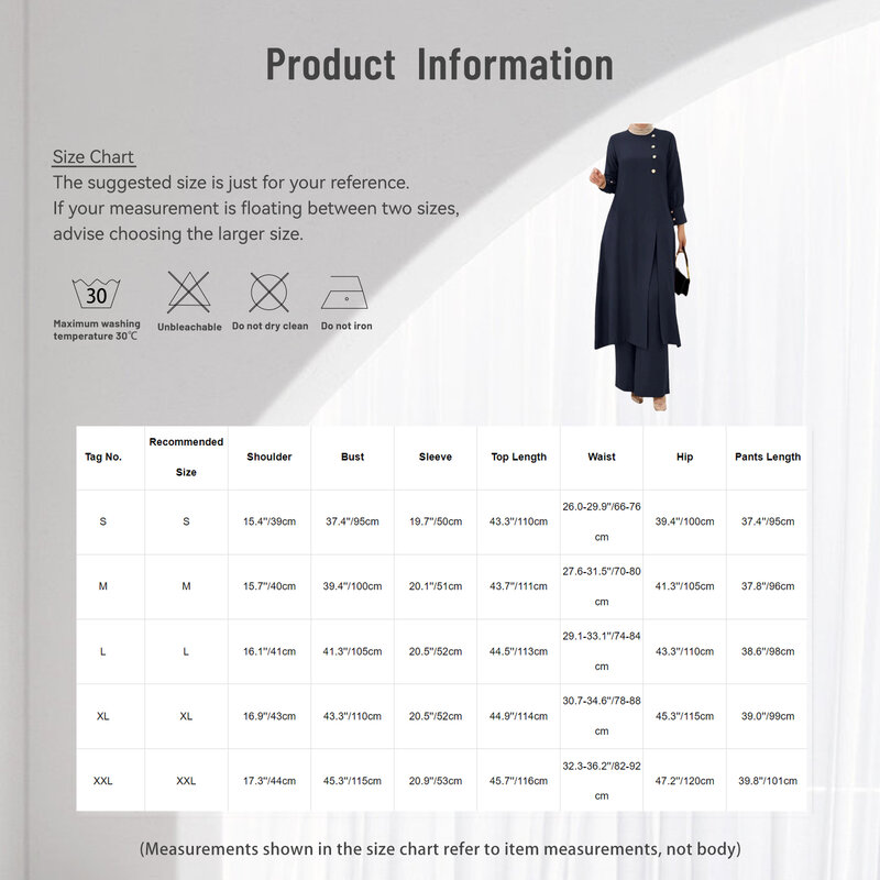 Womens Islamic Muslim Sets 2-piece Suit Button Decor Long Sleeve Side Slit Long Robe Shirt Pants Arabia Islam Clothes