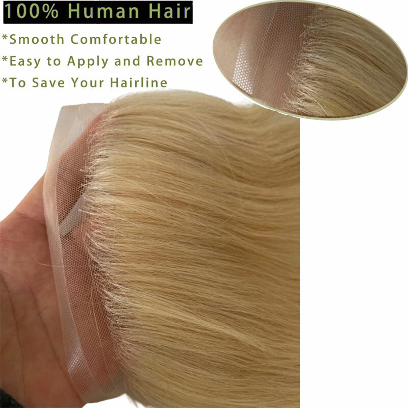 Transparent HD Invisible Lace Front Hairline French Lace Mens Toupee Hairpiece For Receding Natural Hairline System Blonde 613