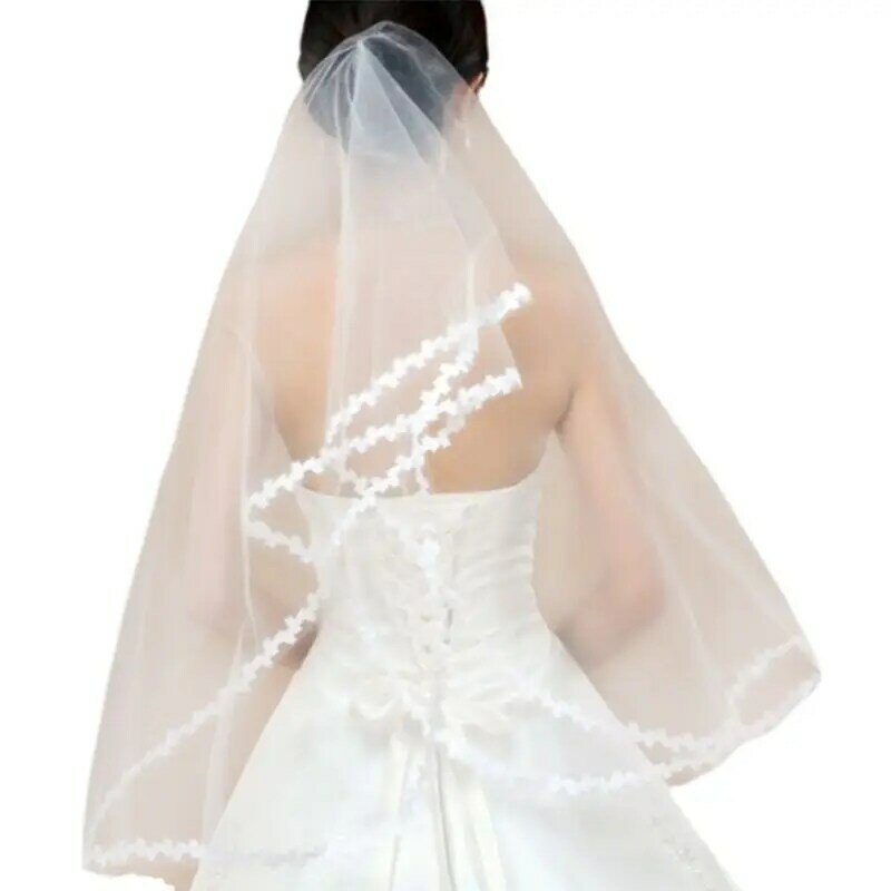 Véu de casamento branco longo para mulheres, fio de malha solúvel em água, fita ondulada, véu nupcial da catedral sem pente, minimalista de 1 camada