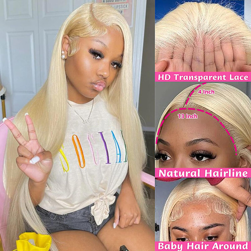 QUANDE 613 Honey Blonde 13x4 Lace Front Human Hair Wigs Color Straight 180% Density 13x4 HD Transparent Frontal Wig For Women