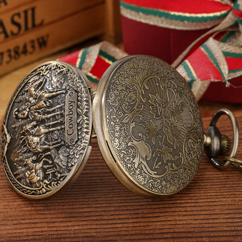 Bronze Western Cowboy Relief Muster Halskette Taschenuhr Quarz Bewegung Retro Voll Hunter Pullover Kette Tasche Uhr Geschenke