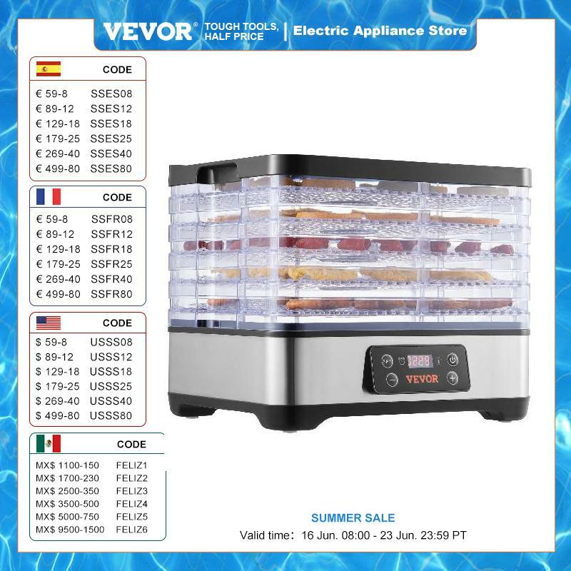 VEVOR 5 Tray Food Dehydrator Machine 300W Stainless Steel Electric Food Dryer w/ Digital Adjustable Timer & Temperature