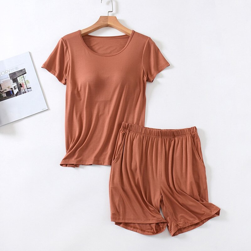 Two-piece Set Fashion Women's Sleepwear Solid Color Comfortable Temperament Round Neck Home Wear Tops Shorts Suit