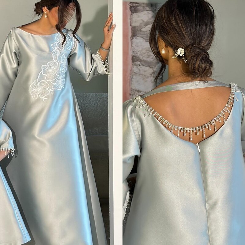 Vestido de graduación de satén con borla de perlas, vestido Midi de compromiso, línea A, cuello redondo, a medida, Arabia Saudita