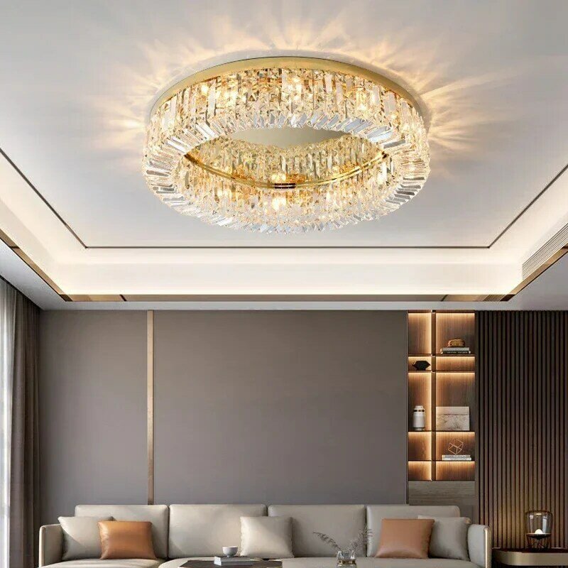 Lustre en cristal à LED pour salle à manger et salon, plafonnier doré de luxe, décoration de la maison, lampe à suspension ronde, chambre à coucher, ludéviation moderne