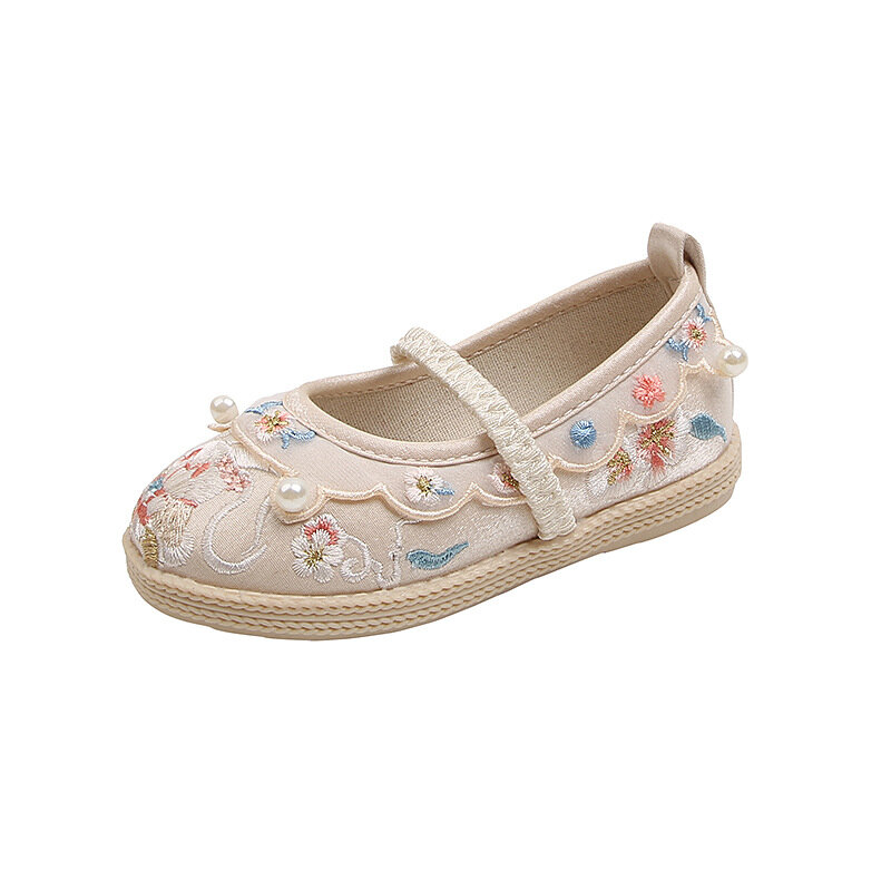 Sapatos étnicos bordados com pingente de pérolas frisado para meninas, pano de férias tradicional chinês para crianças, moda princesa, fofo