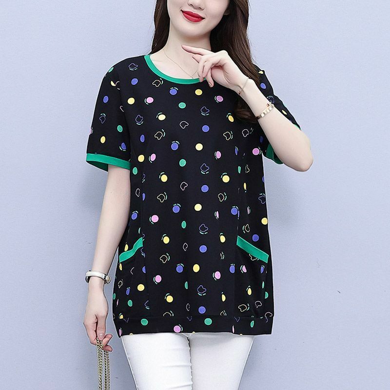 Female Clothing Casual Printed T-shirt Stylish Contrasting Colors Pockets Spliced 2024 Summer Loose Commute Round Neck Pullovers