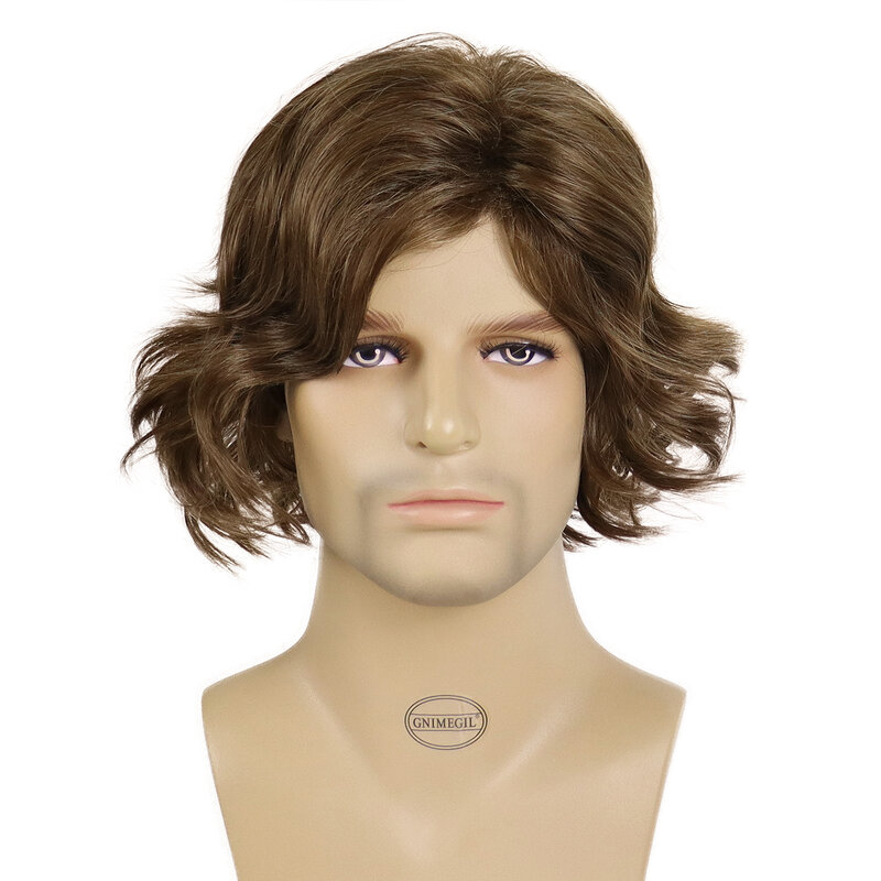 Mens Fluffy Brown Wig Synthetic Hair Short Natural Curly Wigs with Bangs for Male Daily Party Halloween Costume Heat Resistant