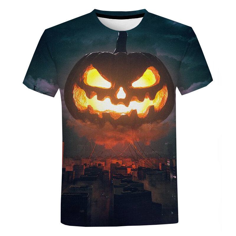 Homens e mulheres em torno do pescoço camiseta de Halloween, Pumpkin Lantern Print, Harajuku, casual, extragrande, moda, novo, 3D