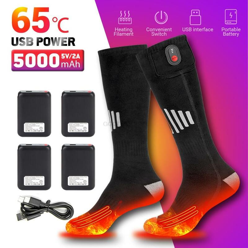 ถุงเท้าอุ่น65 ℃ ถุงเท้าทำความร้อนชาร์จไฟได้ USB 4000mAh ถุงเท้าอุ่นถุงมือเล่นสกีถุงเท้าสกีสโนว์โมบิล