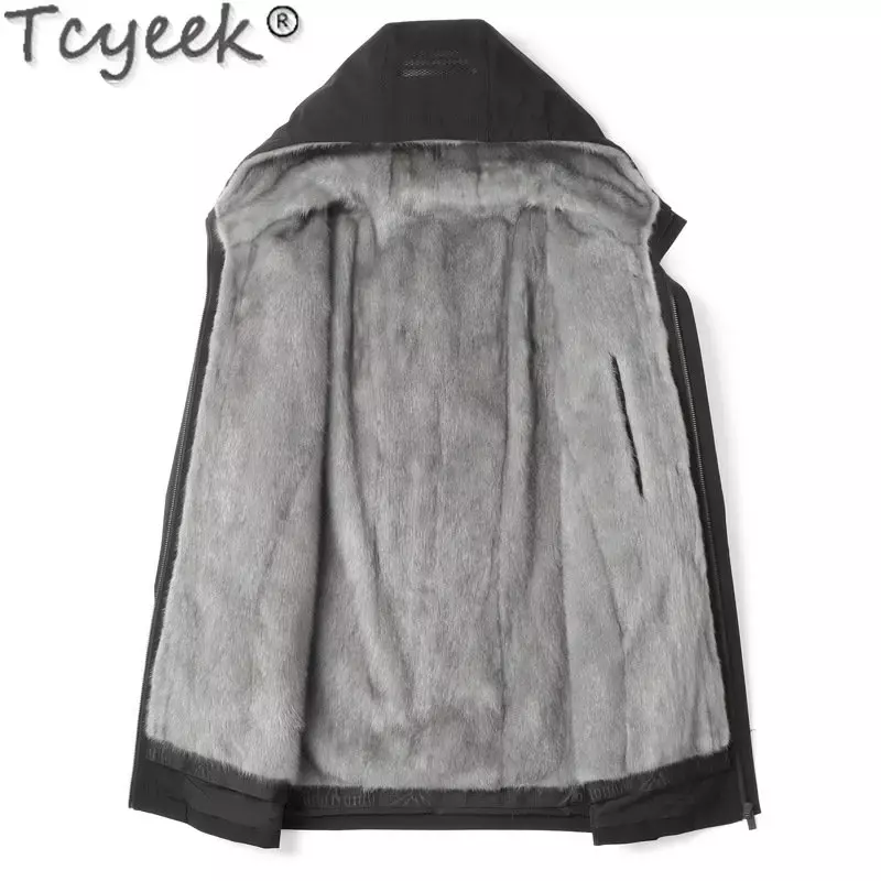 Tcyeek High-end Men's Fur Parka Winter Warm Natural Mink Fur Liner Slim Mid-length Real Fur Coat Male Hooded Casual Clothes Men