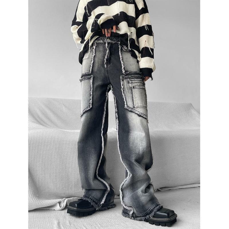 2023 new design sense cargo jeans men's loose straight autumn and winter frayed casual trousers Y2K
