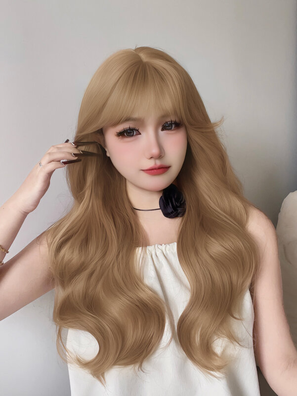 26Inch Deep Blonde Lolita Lady Synthetic Wigs With Bang Long Natural Wavy Hair Wig For Women Daily Use Cosplay Heat Resistant