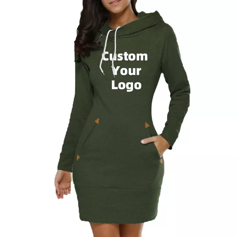 Bearbeiten Sie Ihr Logo Frauen Langarm Kordel zug Hoodie Kleider mit Tasche Mode Damen schlanke Kapuze Pullover Sweatshirt Kleid