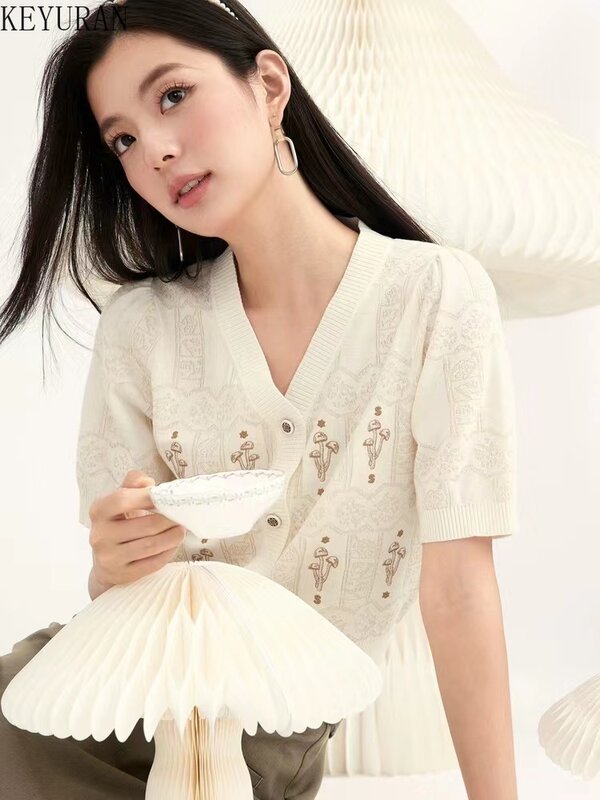 2024 Summer New Embroidery Knitted Cropped Cardigan Women V-neck Single Breasted Short Sleeve Sweater White Knitwear Tops Jumper