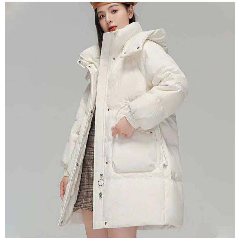 Moda zimowa nowy damski płaszcz puchowy z kapturem, gruba średniej długości puchowa kurtka Parka z puchem białej kaczki wygodny w koreańskim stylu damski płaszcz odzież na śnieg