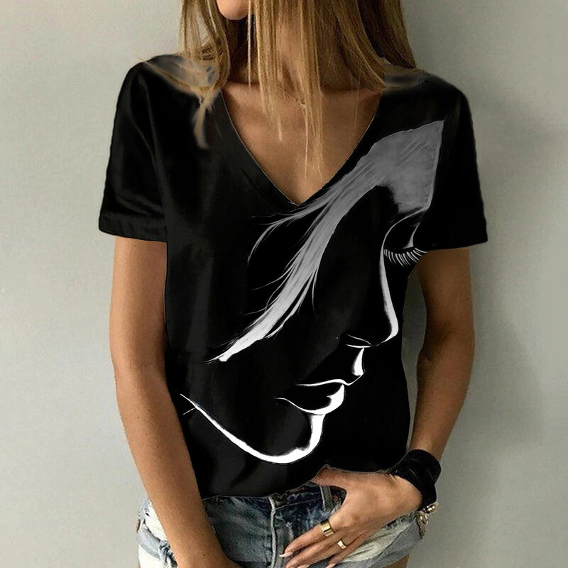 女性用半袖VネックTシャツ,セクシーでファッショナブルなストリートウェア,3D抽象的な写真