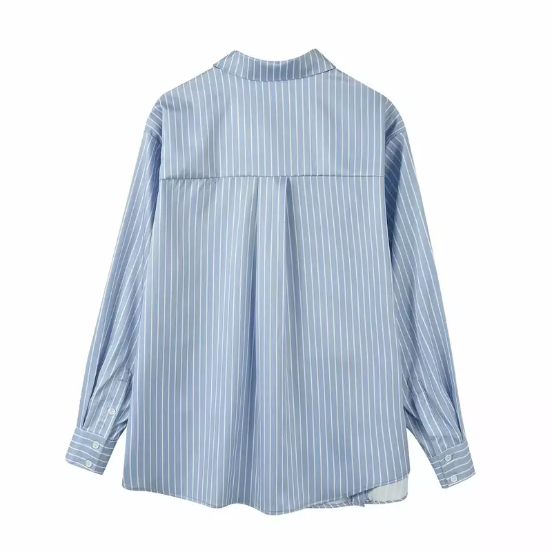 Damen neue Mode Flip Pocket Dekoration lose asymmetrische Streifen Shirt Retro Langarm Knopf Damen Shirt Chic Top