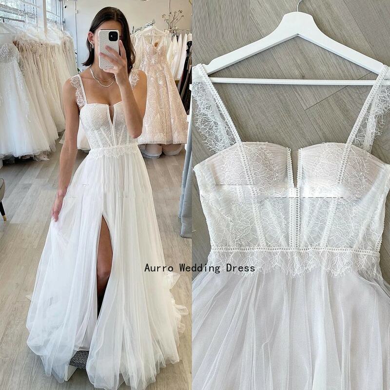 Einfache Brautkleider Schatz Boho lange Brautkleider sexy Seite geteilt Tüll elegante Braut Kleid Vestidos de Novia