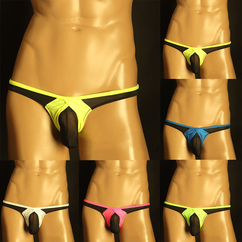 Underpants Ice Silk Men\\\'s Mesh Underwear Sexy Low Waist G String Thongs Panties White/Pink/Yellow/Blue/Green M 2XL