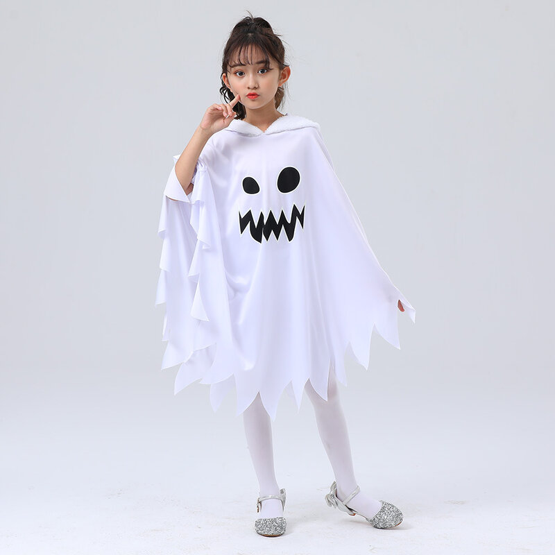 Fantasma e demônio brilham no cabo escuro para crianças, traje de cosplay branco bonito, vestido extravagante, desempenho, festa temática de Halloween, meninas, menino