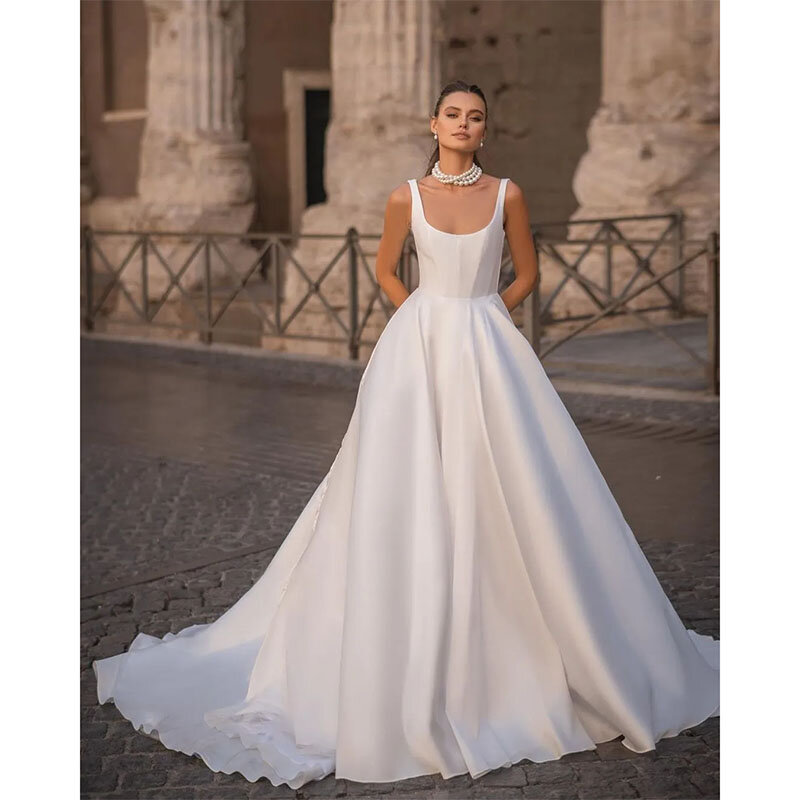 Elegant  A Line Wedding Dresses Straps Backless Satin Bride dresses Sleeveless Sweep Train Designer Bridal Gowns