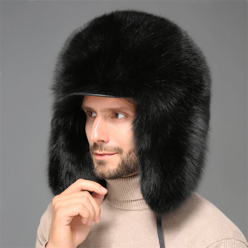 ฤดูหนาวผู้ชาย100% จริง Sliver Fox Fur Bomber หมวก Raccoon ขนสัตว์ Ushanka หมวก Trapper รัสเซียชายสกีหมวกหมวก mens Raccoon หมวกขนสัตว์